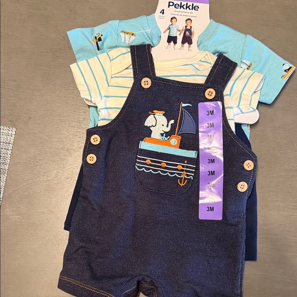 Pekkle Navy Sailboat Short Overalls Set with Cream & Light Blue Tee - 3M